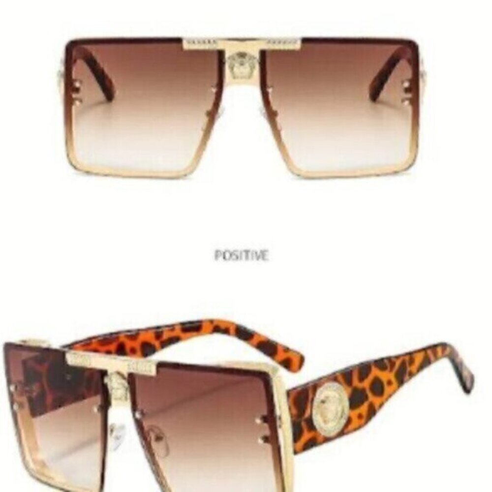 Sunglasses Luxury Retro Large Square  Brown Leopard Gold Frame - Picture 4 of 9